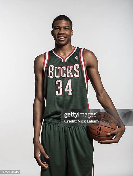 Giannis Antetokounmpo of the Milwaukee Bucks poses for a portrait during the 2013 NBA rookie photo shoot at the MSG Training Center on August 6, 2013...