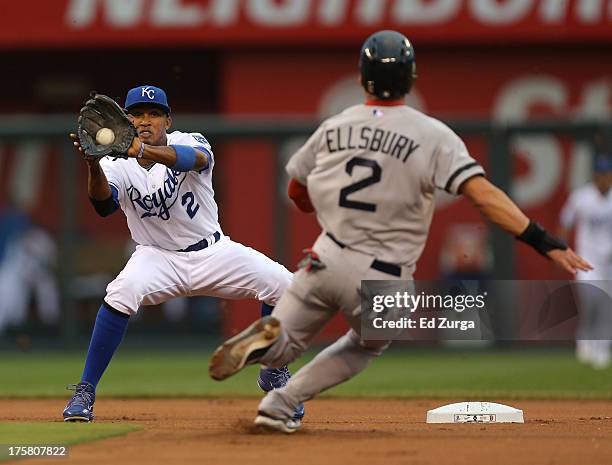 Alcides Escobar of the Kansas City Royals makes the catch and prepares to tag out Jacoby Ellsbury of the Boston Red Sox on a steal in the first...