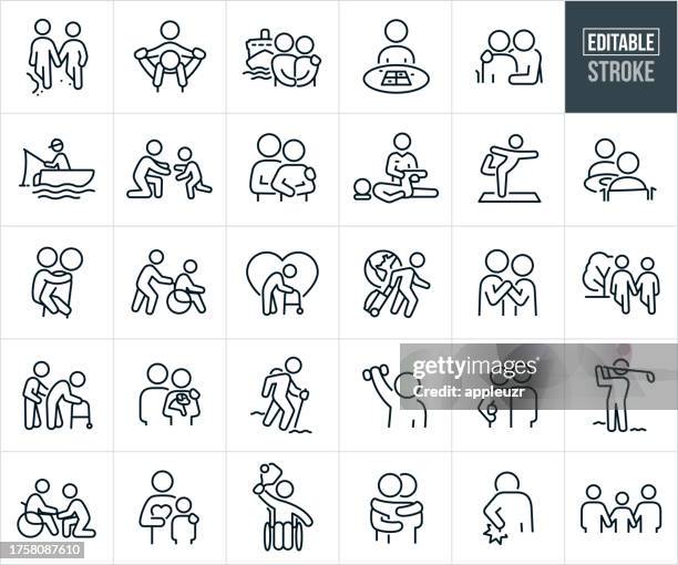 stockillustraties, clipart, cartoons en iconen met seniors, old age and elderly people thin line icons - editable stroke - wandelen buitensport