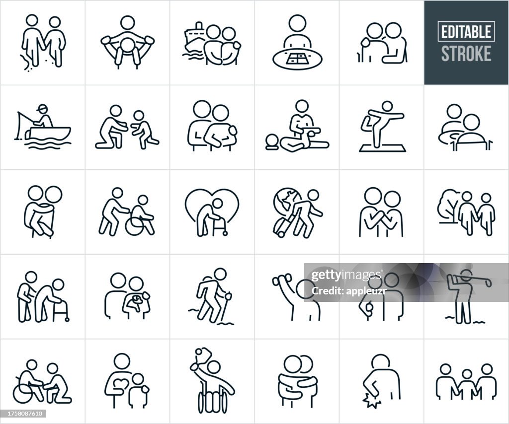 Seniors, Old Age And Elderly People Thin Line Icons - Editable Stroke