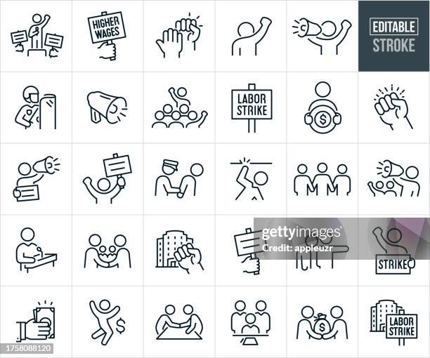 illustrazioni stock, clip art, cartoni animati e icone di tendenza di icone della linea sottile dello sciopero del lavoro - tratto modificabile - sciopero