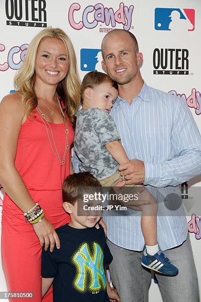New York Yankee Brett Gardner, his wife Jessica and sons attend the CCandy Children's Clothing Line Launch at MLB Fan Cave on August 8, 2013 in New...