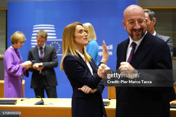 Roberta Metsola, President Of European Parliament talks with Charles Michel President of European Council during the EU Leaders Summit on October 26,...