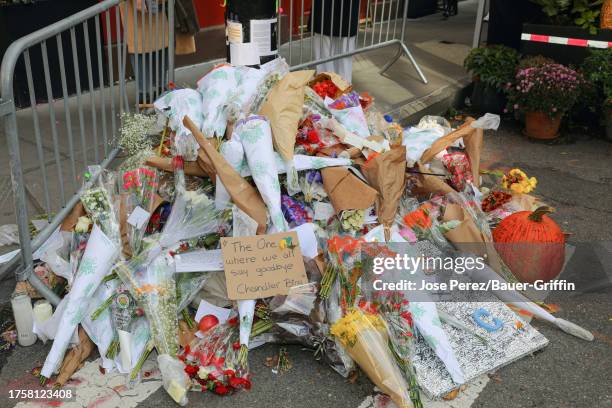 Tributes and flowers for Matthew Perry at the 'Friends' apartment building in the West Village, Manhattan on November 01, 2023 in New York City.