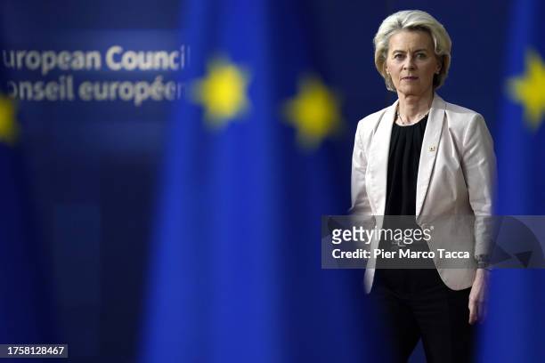 President of the European Commission Ursula von der Leyen arrives at EU Leaders Summit on October 26, 2023 in Brussels, Belgium. After days spent...
