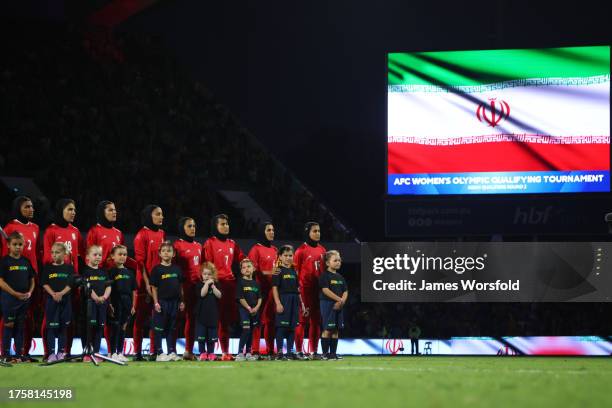 Iran players line up for national anthem during the AFC Women's Asian Olympic Qualifier match between Australia Matildas and IR Iran at HBF Park on...