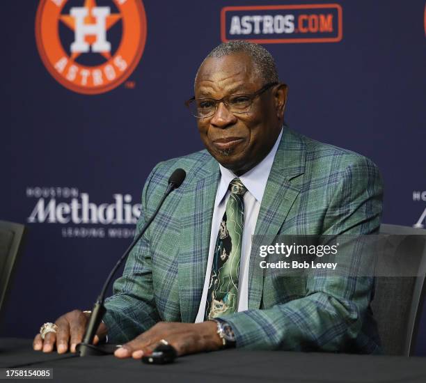 Dusty Baker Jr. Speaks to the media as he announces his retirement from manager of the Houston Astros at Minute Maid Park on October 26, 2023 in...