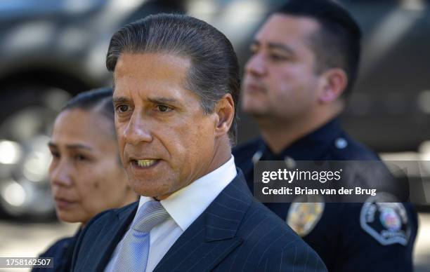 Van Nuys, CA Superintendent of Los Angeles Unified School District Alberto Carvalho talks with media after a stabbing and ensuing campus lockdown at...