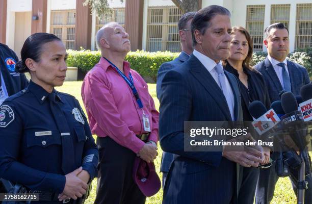 Van Nuys, CA Superintendent of Los Angeles Unified School District Alberto Carvalho, right, talks with media after a stabbing and ensuing campus...