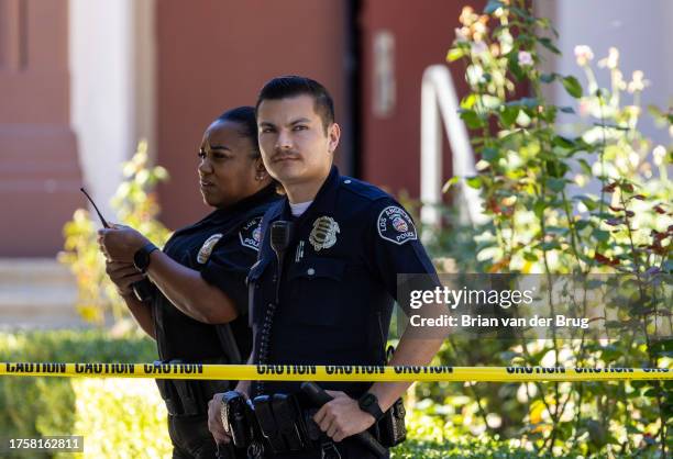 Van Nuys, CA Los Angeles Unified School District police stand guard during a campus lockdown following a stabbing injuring several students at Van...
