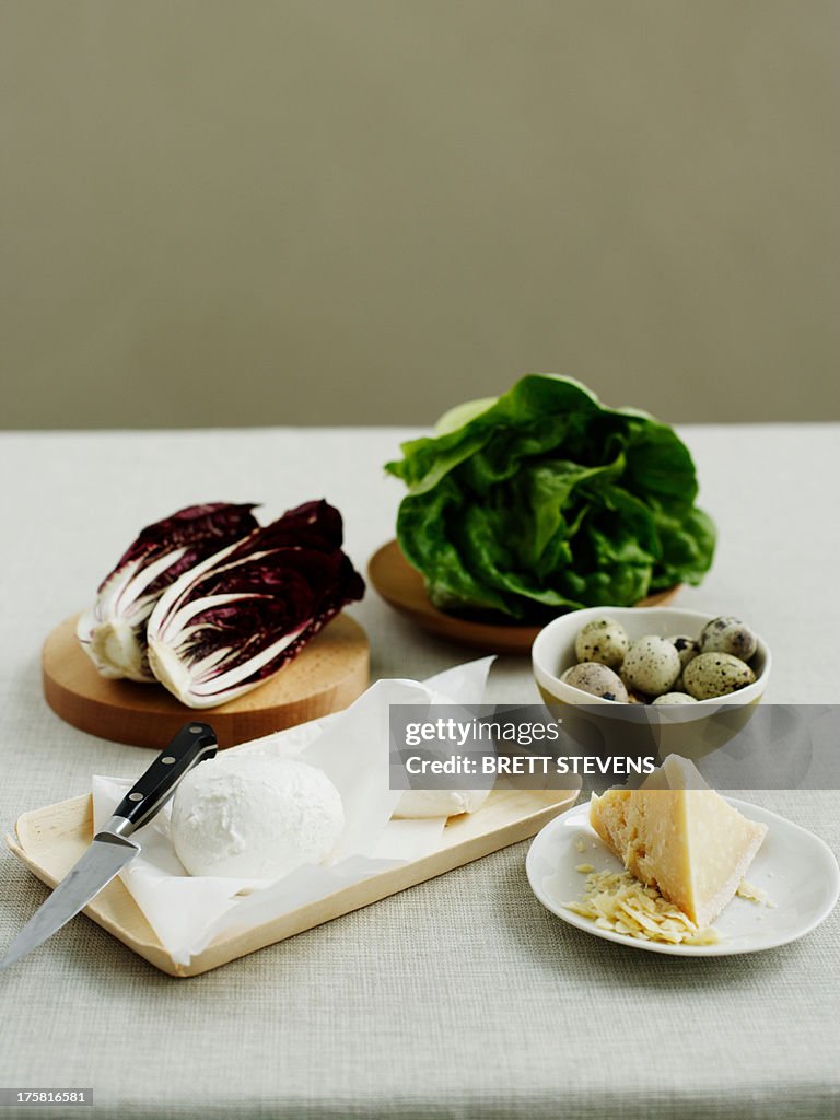 Bocconcini cheese, radicchio, butter lettuce, quail eggs and parmesan