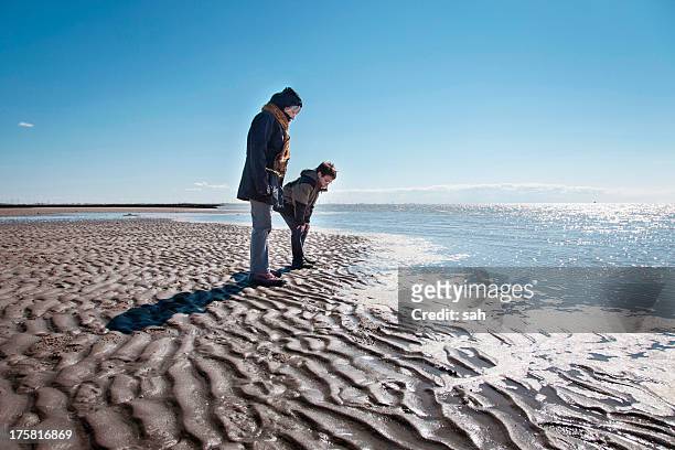 grandmother and grandson on beach - lamaçal imagens e fotografias de stock