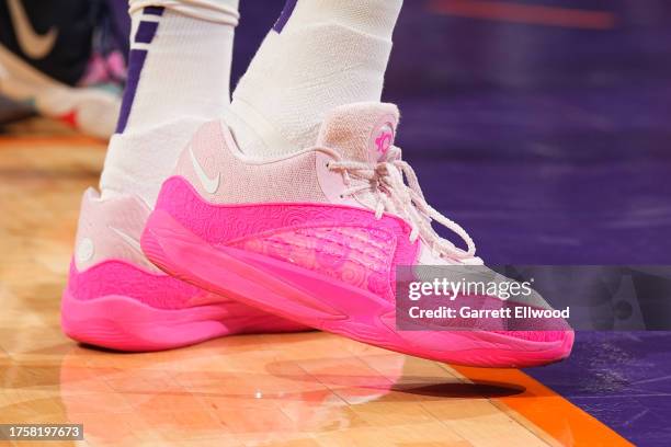 The sneakers worn by Kevin Durant of the Phoenix Suns during the game against the Portland Trail Blazers on October 16, 2023 at Footprint Center in...