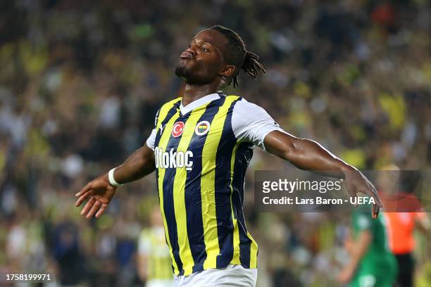 Michy Batshuayi of Fenerbahce celebrates after scoring the team's first goal during the UEFA Europa Conference League 2023/24 match between...
