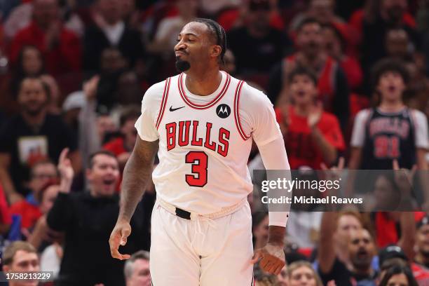 Andre Drummond of the Chicago Bulls reacts against the Oklahoma City Thunder during the first half at the United Center on October 25, 2023 in...