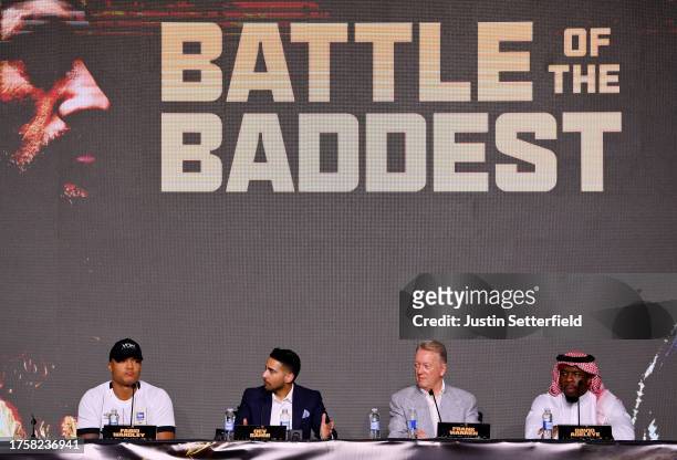 Fabio Wardley, Dev Sahni, Frank Warren and David Adeleye react during a press conference ahead of the Tyson Fury v Francis Ngannou boxing match at...