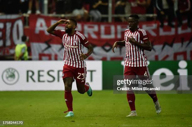 Rodinei of Olympiakos celebrates after an own goal by Angelo Ogbonna of West Ham United , Olympiakos' second goal during the UEFA Europa League...