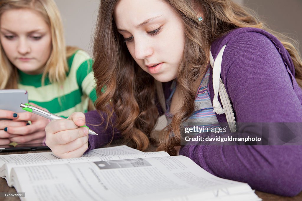 Girls sitting at table studying