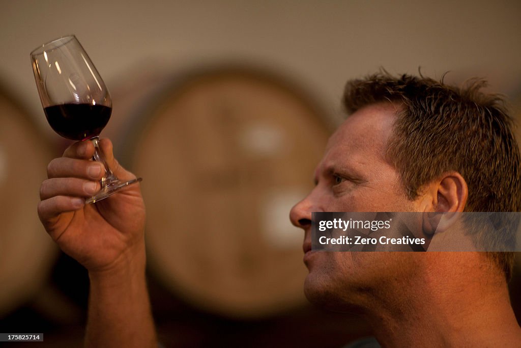 Man checking the color of red wine
