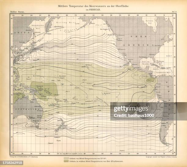 chart of weather patterns in the pacific ocean in february, german antique victorian engraving, 1896 - wind map stock illustrations