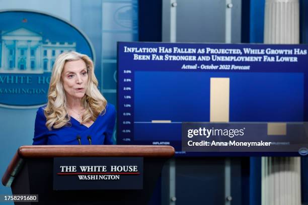 White House National Economic Council Director Lael Brainard speaks during the daily press briefing at the White House on October 26, 2023 in...