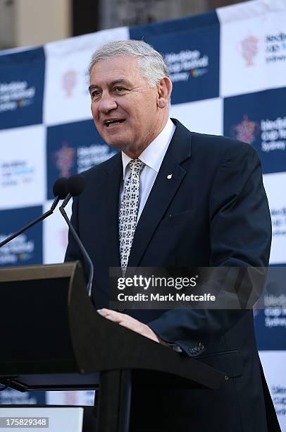 George Souris MP speaks during the Australian Wallabies Bledisloe Cup launch at the Museum of Sydney on August 9, 2013 in Sydney, Australia.