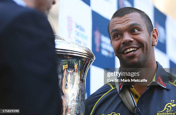 Kurtley Beale talks to Joe Roff during the Australian Wallabies Bledisloe Cup launch at the Museum of Sydney on August 9, 2013 in Sydney, Australia.