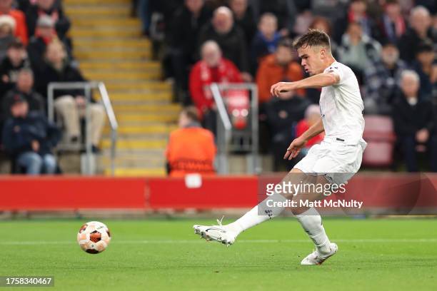 Thijs Dallinga of Toulouse scores the team's first goal to equalise during the UEFA Europa League 2023/24 match between Liverpool FC and Toulouse FC...