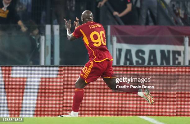 Romelu Lukaku of AS Roma scores the team's second goal during the UEFA Europa League 2023/24 match between AS Roma and SK Slavia Praha at Stadio...