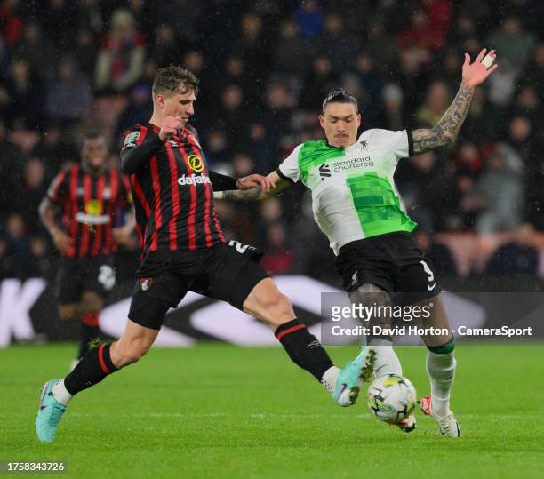 Bournemouth's Illya Zabarnyi battles with Liverpool's Darwin Nunez during the Carabao Cup Fourth Round match between AFC Bournemouth and Liverpool at...