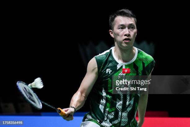 Ng Ka Long Angus of Hong Kong competes in the Men's Singles Second Round match against Loh Kean Yew of Singapore during day three of the Yonex French...