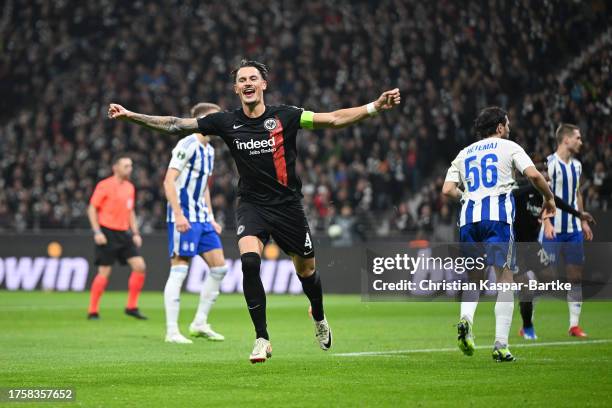 Robin Koch of Eintracht Frankfurt celebrates after scoring the team's second goal during the UEFA Europa Conference League match between Eintracht...