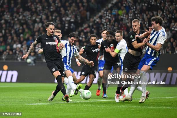 Robin Koch of Eintracht Frankfurt scores the team's second goal during the UEFA Europa Conference League match between Eintracht Frankfurt and HJK...