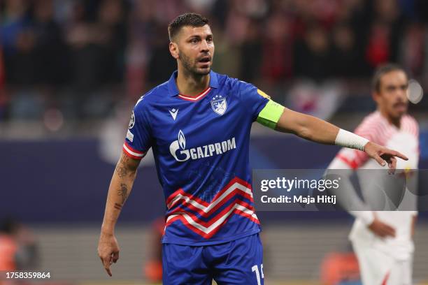 Aleksandar Dragovic of FK Crvena Zvezda reacts during the UEFA Champions League match between RB Leipzig and FK Crvena zvezda at Red Bull Arena on...