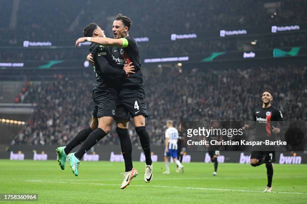 Robin Koch of Eintracht Frankfurt celebrates with Fares Chaibi of Eintracht Frankfurt after scoring the team's second goal during the UEFA Europa...