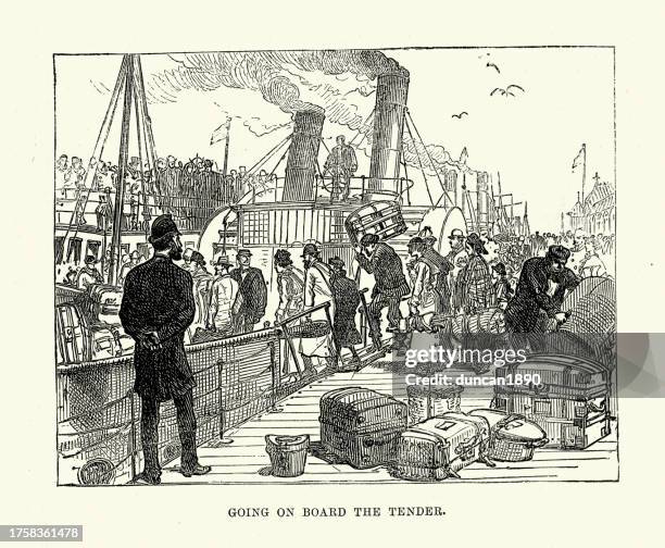 bildbanksillustrationer, clip art samt tecknat material och ikoner med departure of a cunard steam-ship from liverpool, passengers going on board the tender, history victorian travel, 1880s 19th century - merseyside