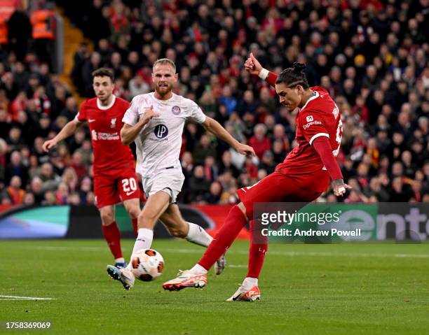 Darwin Nunez of Liverpool scoring the third goal making the score 3-1 during the UEFA Europa League 2023/24 match between Liverpool FC and Toulouse...