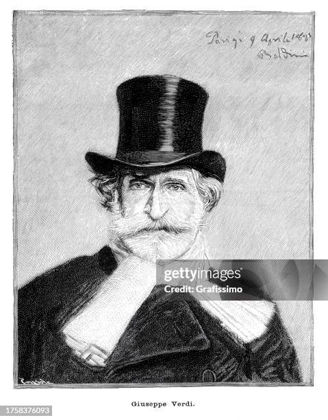 ilustraciones, imágenes clip art, dibujos animados e iconos de stock de retrato de compositor italiano de guiseppe verdi con sombrero de copa - giuseppe verdi