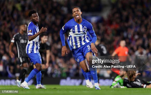 Joao Pedro of Brighton & Hove Albion celebrates after scoring the team's first goal during the UEFA Europa League 2023/24 match between Brighton &...