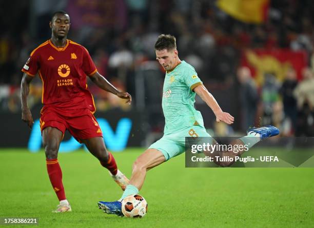 Lukas Masopust of Slavia Prague clears the ball whilst under pressure from Evan Ndicka of AS Roma during the UEFA Europa League 2023/24 match between...