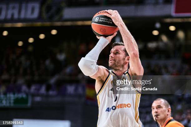 Rudy Fernandez of Real Madrid shoots during the Turkish Airlines EuroLeague match between Real Madrid and FC Barcelona at WiZink Center on October...