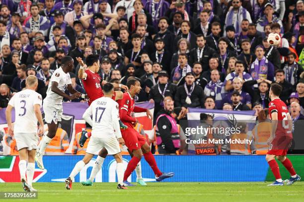 Wataru Endo of Liverpool scores the team's second goal during the UEFA Europa League 2023/24 match between Liverpool FC and Toulouse FC at Anfield on...