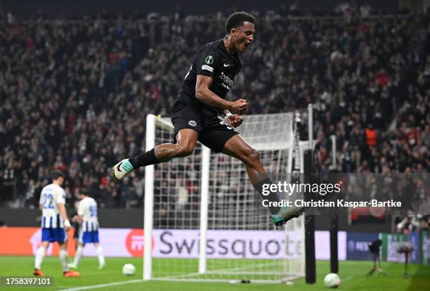 Tuta of Eintracht Frankfurt celebrates after scoring the team's fourth goal during the UEFA Europa Conference League match between Eintracht...