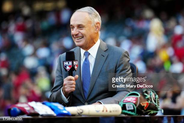 Major League Baseball Commissioner Robert D. Manfred Jr. Is seen on the MLB Network set prior to Game 5 of the 2023 World Series between the Texas...
