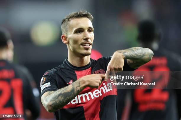Alex Grimaldo of Bayer Leverkusen celebrates after scoring the team's fourth goal during the UEFA Europa League 2023/24 match between Bayer 04...