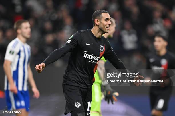 Ellyes Skhiri of Eintracht Frankfurt celebrates after scoring the team's fifth goal during the UEFA Europa Conference League match between Eintracht...
