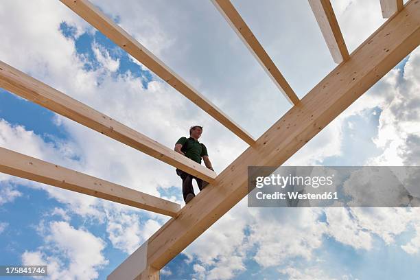 europe, germany, rhineland palantinate, man standing on ridge purlin - roof truss stock pictures, royalty-free photos & images