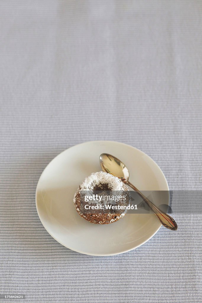 Miniature cakes with powdered sugar and spoon on plate