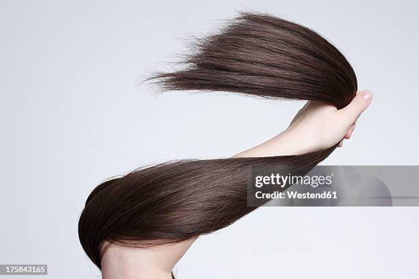 human hand holding brown hair against white background, close up - human hair stock pictures, royalty-free photos & images