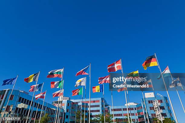 luxembourg, european flags and parliament building in background - kirchberg luxemburg bildbanksfoton och bilder